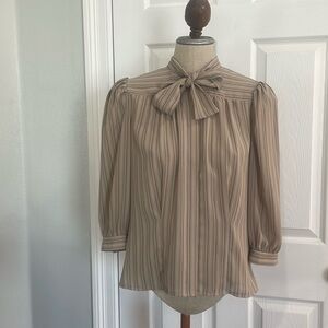 Vintage 80s Josephine button up blouse puffy 3/4 sleeves tie neck bow tan size 6